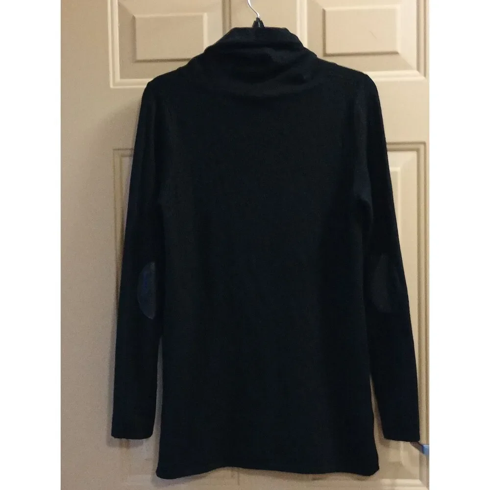 Evolution by Evrys Black Wide Cowl Neck Sweater Dress Leather Elbow Patches M - Picture 2 of 5